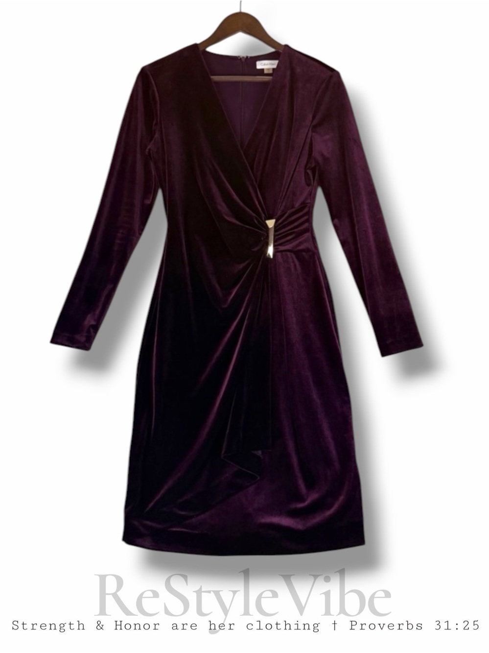 CALVIN KLEIN Women’s Size 6 Dress Velvet Velour Faux Wrap Sheath Style Stretch